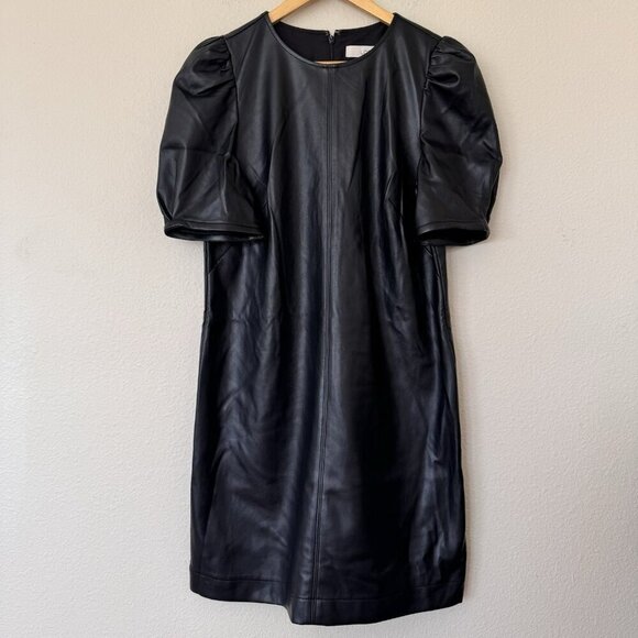 Loft Faux Leather Ruched Sleeve Shift Dress Size Medium Regular Black - Picture 2 of 5